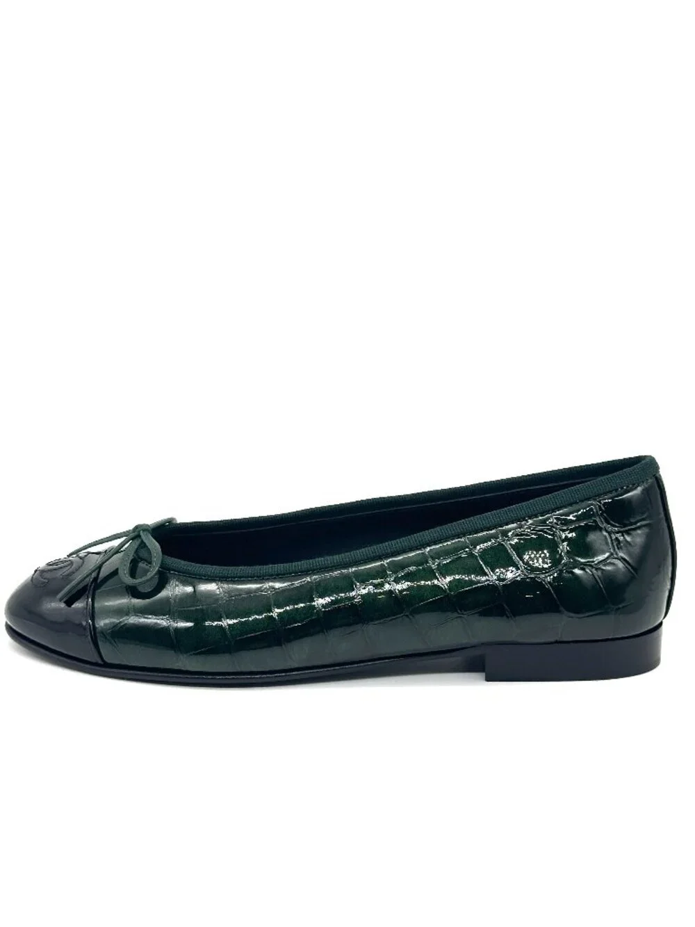CHANEL 26A Crocodile Embossed Patent Leather Cap Toe Bow Ballerina Ballet Flats - Picture 2 of 16
